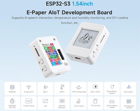 ESP32-S3 لوحة تطوير AIoT للورق الإلكتروني مقاس 1.54 بوصة، 200 × 200، أسود/أبيض، تدعم اتصال Wi-Fi وBluetooth ثنائي الوضع، وتدعم تفاعل الكلام AI، والوظيفة الإبداعية DIY، إلخ. in Kuwait