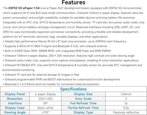 ESP32-S3 لوحة تطوير AIoT للورق الإلكتروني مقاس 1.54 بوصة، 200 × 200، أسود/أبيض، تدعم اتصال Wi-Fi وBluetooth ثنائي الوضع، وتدعم تفاعل الكلام AI، والوظيفة الإبداعية DIY، إلخ. in Kuwait