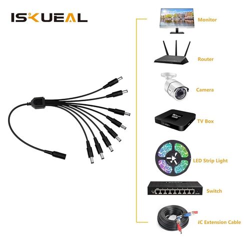 Xwell DC كابل مقسم الطاقة 1 أنثى إلى 8 سلك ذكر Y Adppter 5.1 مم × 2.1 مم لكاميرات CCTV الأمنية وأضواء شريط LED in Kuwait