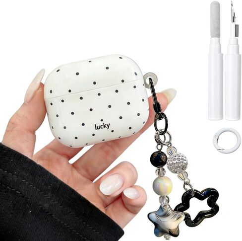 حافظة بيضاء منقطة باللون الأسود مع سلسلة مفاتيح لأجهزة AirPods الجيل الرابع، غطاء حماية أنيق فاخر وعصري للفتيات والنساء لأجهزة AirPods 4 in Kuwait
