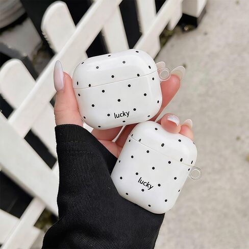 حافظة بيضاء منقطة باللون الأسود مع سلسلة مفاتيح لأجهزة AirPods الجيل الرابع، غطاء حماية أنيق فاخر وعصري للفتيات والنساء لأجهزة AirPods 4 in Kuwait
