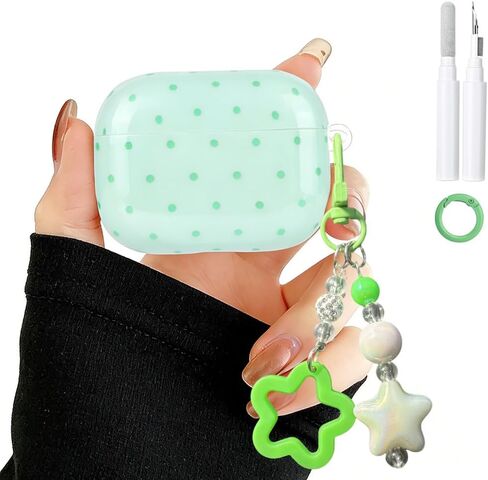 حافظة بيضاء منقطة باللون الأسود مع سلسلة مفاتيح لأجهزة AirPods الجيل الرابع، غطاء حماية أنيق فاخر وعصري للفتيات والنساء لأجهزة AirPods 4 in Kuwait
