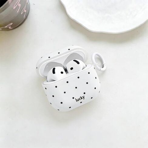 حافظة بيضاء منقطة باللون الأسود مع سلسلة مفاتيح لأجهزة AirPods الجيل الرابع، غطاء حماية أنيق فاخر وعصري للفتيات والنساء لأجهزة AirPods 4 in Kuwait