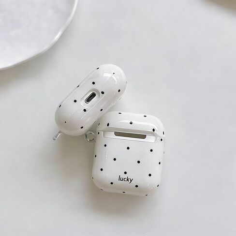 حافظة بيضاء منقطة باللون الأسود مع سلسلة مفاتيح لأجهزة AirPods الجيل الرابع، غطاء حماية أنيق فاخر وعصري للفتيات والنساء لأجهزة AirPods 4 in Kuwait