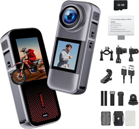 Action Camera with Dual Color Screen,Body Waterproof Camera Suitable for Travel Motorcycle Helmet Cameras, Equipped with 32GB Card, 2 Batteries, and Various Installation Kits in Kuwait