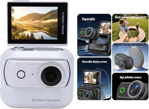 Diyeeni Flip Screen Action Camera, 4K Magnetic Mini Camera, Detachable Wireless Sports with Dual Battery for Vlogging Cycling Skiing (White) in Kuwait