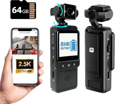 2.5K Body Cameras with Audio and Video Recording, Handheld Pocket Camera with WiFi, 6HR Battery, Mini Vlogging Camera for Travel, Sports, Work Records, Covert Recording. (64G) in Kuwait
