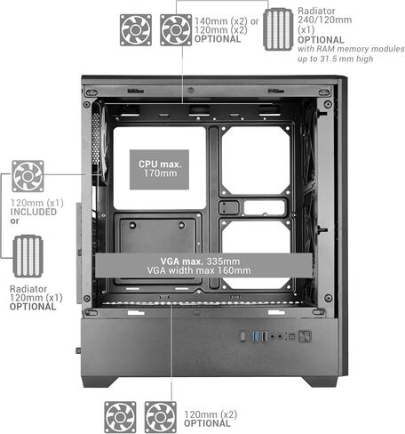 Mars Gaming MC-Quantum, ATX Gaming PC Case, Mesh Front with ARGB LED Strips, Full Side Tempered Glass, 4 x FDB 120 mm Fans, Support for Liquid Cooling up to 240 mm, USB-C, Black in Kuwait