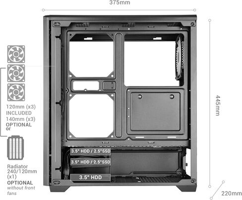 Mars Gaming MC-Quantum, ATX Gaming PC Case, Mesh Front with ARGB LED Strips, Full Side Tempered Glass, 4 x FDB 120 mm Fans, Support for Liquid Cooling up to 240 mm, USB-C, Black in Kuwait