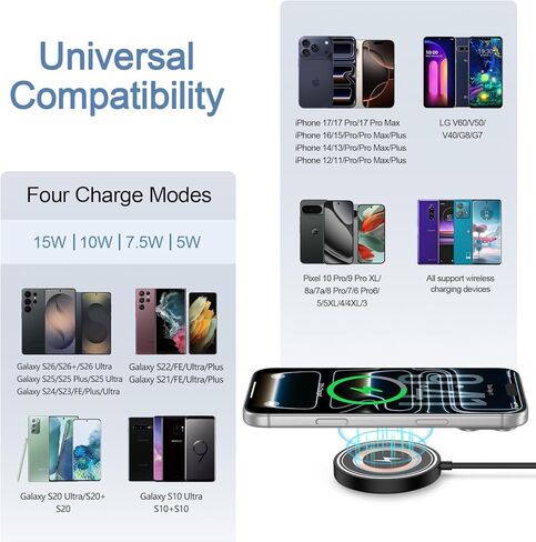 شاحن Samsung S26 Ultra اللاسلكي، لوحة شحن سريعة، شاحن مغناطيسي لهاتف Samsung Galaxy S26 Plus/S25 Ultra/S24/S23/S22/2Pack، وسادة شاحن Magsafe سريعة 15 وات مع محول USB A لهاتف iPhone 17 Pro/16/15/14 in Kuwait