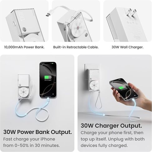 sharge 3 in 1 Portable Charger with Built-in Retractable Cables 10000mAh Power Bank, 30W Max Travel Essentials Battery Pack Fast Charging Powerbank for iPhone 17/16 and More in Kuwait