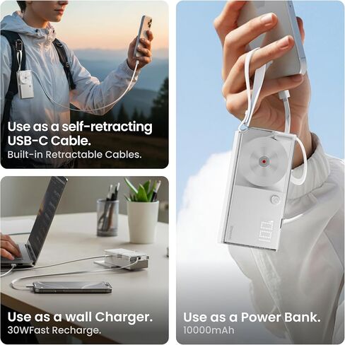 sharge 3 in 1 Portable Charger with Built-in Retractable Cables 10000mAh Power Bank, 30W Max Travel Essentials Battery Pack Fast Charging Powerbank for iPhone 17/16 and More in Kuwait