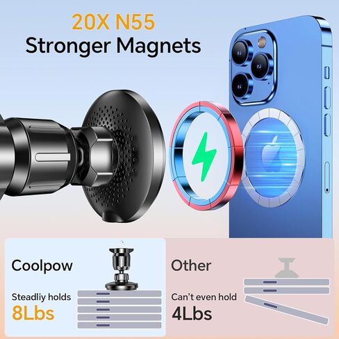 Coolpow لشاحن تثبيت السيارة MagSafe بقوة 15 وات، أقوى مغناطيسي، شاحن سيارات لاسلكي مغناطيسي، حامل هاتف مغناطيسي للسيارات، حاملات هاتف لشاحن السيارة الخاص بك لهاتف iPhone 17 Pro Max 16 15 14 in Kuwait