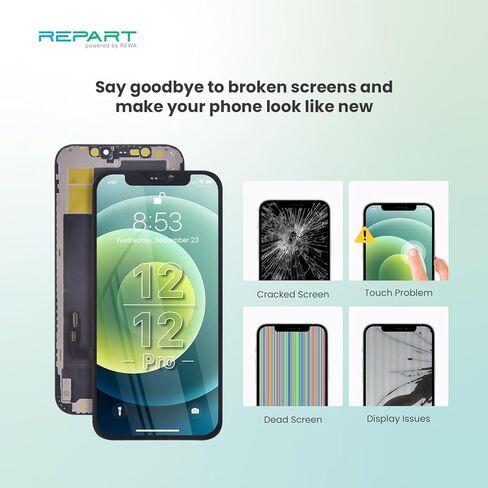 REPART for iPhone 12/12 Pro Replacement Screen 6.1 Inch, FHD for 12 Screen Repair Kit, Tempered Glass, Waterproof Seal (6.1" for iPhone 12 12Pro) in Kuwait