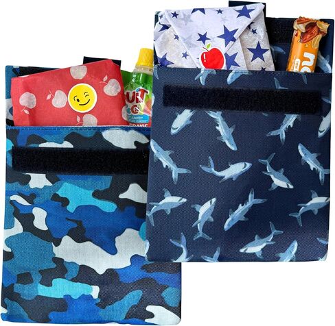 Yumbox Wide Opening Sandwich Bag/Snack Bag, Insulated Interior, Reusable Fabric, Easy Touch and Pull Closure, Washable, Food Safe, BPA Free, 8 x 7.5in - (Pack of 2) (Lunar and Navy Blue) in Kuwait
