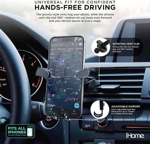 حامل هاتف iHome Universal Gravity Air Vent، دوران 360 درجة، دعم قابل للتعديل، مشبك ثابت in Kuwait