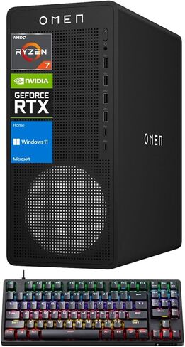 كمبيوتر مكتبي للألعاب HP OMEN 16L RTX 5060، AMD Ryzen 7 8700F (Beats Intel i7-14700F)، ذاكرة الوصول العشوائي DDR5 سعة 32 جيجابايت، 1 تيرابايت SSD، محطة عمل إنتاج الموسيقى، حزمة مع Thunderobot KG3089R Gaming KB in Kuwait