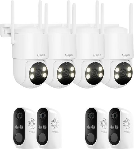 Anlapus 2 x 3MP 2K WiFi6 كاميرات أمنية داخلية و4 x 360 درجة كاميرا خارجية قابلة للإمالة، مكون إضافي، اكتشاف الإنسان/المركبة بالذكاء الاصطناعي، رؤية ليلية ملونة، إنذار صفارة الإنذار الضوئي، محادثة ثنائية الاتجاه، تسجيل 24/7 in Kuwait