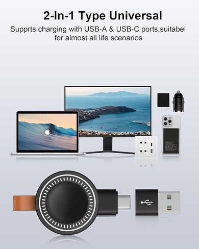 شاحن USB C Apple Watch 11 للسيارة، شاحن iWatch اللاسلكي المغناطيسي المحمول شحن سريع مع محول USB-A لسلسلة Applewatch Ultra3/Ultra/SE3/SE2/SE/10/9/8/7/6/5/4/3/2، شاحن Magsafe iWatch in Kuwait