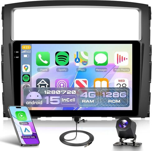 راديو سيارة 4Core 4G+128G Android 15 لسيارة Mitsubishi Montero Pajero 2006-2020، Rimoody Car Stereo Wireless Carplay Andorid auto 9 بوصة شاشة INCELL GPS WiFi Bluetooth 5.0 FM/RDS EQ SWC كاميرا احتياطية in Kuwait