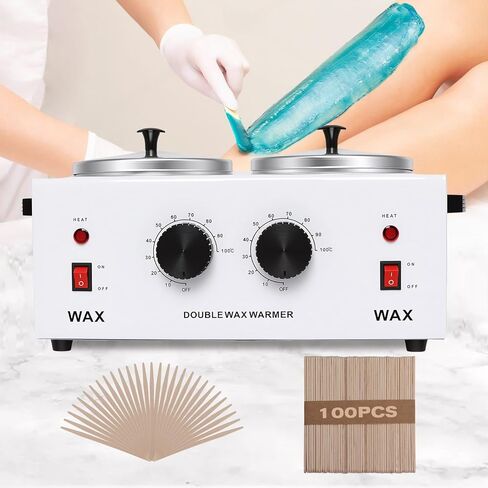Upgraded Professional Double Wax Warmer Hair Removal Double Pot Melting Heater Machine For Facial Skin Total Body Hair SPA Electric Adjustable Temperature Aluminum 110V with 100 Removal Wooden Craft Sticks in Kuwait