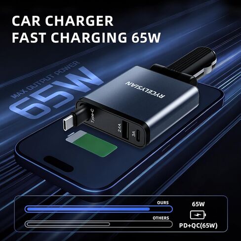 Retractable Car Charger Ultra-Slim, 65W Fast Car Charger with 31.5 inches and USB C+USB A Car Charging Block Cube Suitable for iPhone Samsung and Android in Kuwait