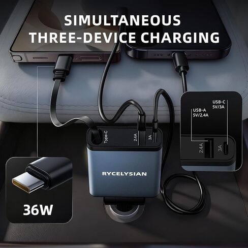 Retractable Car Charger Ultra-Slim, 65W Fast Car Charger with 31.5 inches and USB C+USB A Car Charging Block Cube Suitable for iPhone Samsung and Android in Kuwait