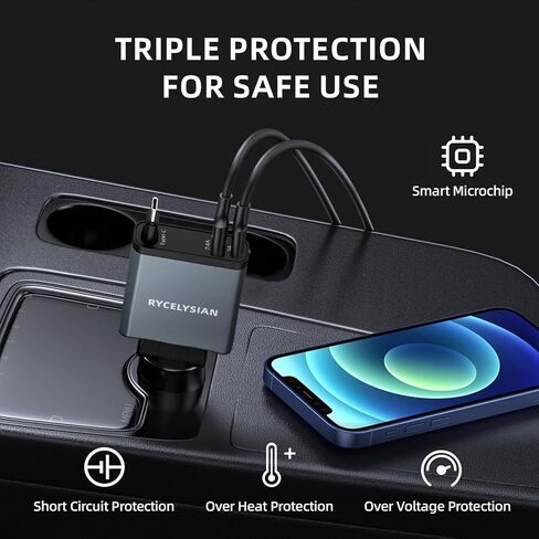 Retractable Car Charger Ultra-Slim, 65W Fast Car Charger with 31.5 inches and USB C+USB A Car Charging Block Cube Suitable for iPhone Samsung and Android in Kuwait