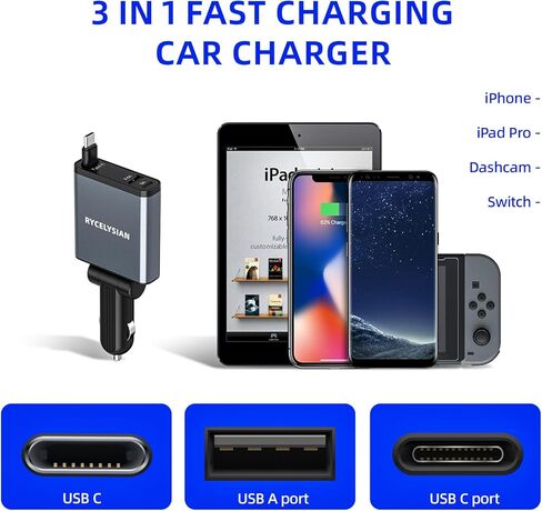 Retractable Car Charger Ultra-Slim, 65W Fast Car Charger with 31.5 inches and USB C+USB A Car Charging Block Cube Suitable for iPhone Samsung and Android in Kuwait