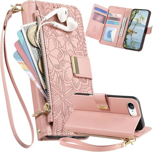 for iPhone 17e /iPhone 16e Wallet Case with Zipper Pocket & Wrist Strap for Women, PU Leather Retro Embossed Flower Leaf Cover 7 Card Slots Flip Kickstand Case for iPhone 17e HYY Black in Kuwait