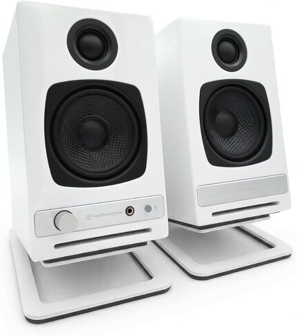 مكبرات صوت Audioengine A2 HD (HD3) باللون الأبيض مع حوامل معدنية بيضاء DS1M للموسيقى والألعاب والأفلام والاستوديوهات والمساكن وغرف النوم والمكاتب in Kuwait