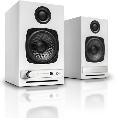 مكبرات صوت Audioengine A2 HD (HD3) باللون الأبيض مع حوامل معدنية بيضاء DS1M للموسيقى والألعاب والأفلام والاستوديوهات والمساكن وغرف النوم والمكاتب in Kuwait