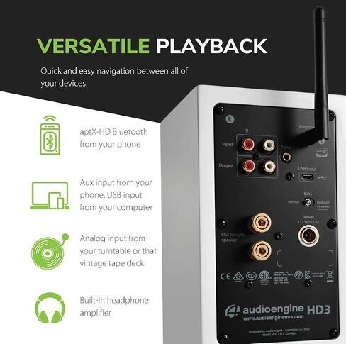 مكبرات صوت Audioengine A2 HD (HD3) باللون الأبيض مع حوامل معدنية بيضاء DS1M للموسيقى والألعاب والأفلام والاستوديوهات والمساكن وغرف النوم والمكاتب in Kuwait