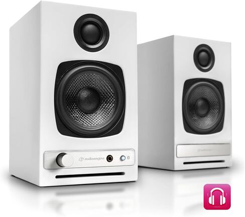 مكبرات صوت Audioengine A2 HD (HD3) باللون الأبيض مع حوامل معدنية بيضاء DS1M للموسيقى والألعاب والأفلام والاستوديوهات والمساكن وغرف النوم والمكاتب in Kuwait