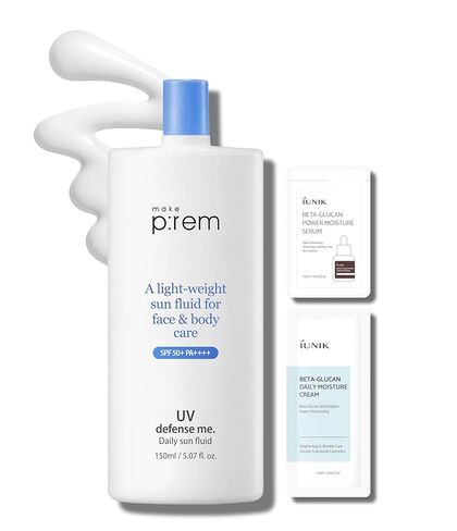 MAKEPREM Defense Me Daily Vegan Sun Fluid غير دهني مهدئ ومرطب SPF 50+PA++++ Sunblock آمن للشعاب المرجانية وحماية واسعة من الأشعة فوق البنفسجية واقي من الشمس بلو راي حساس للبشرة الدهنية المعرضة لحب الشباب والجسم والعناية بالبشرة الكورية in Saudi Arabia