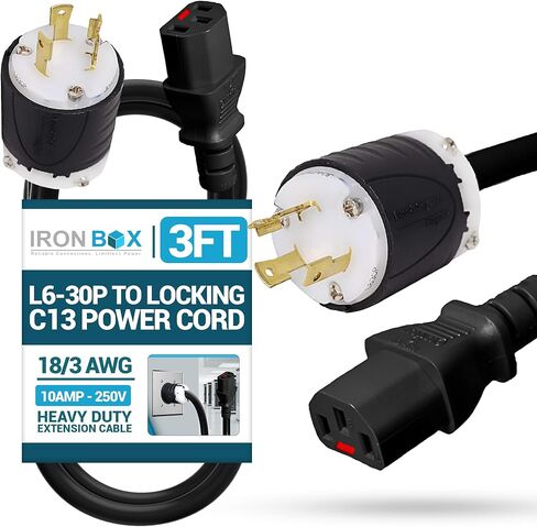 IronBox Electric - L6-30P to Locking C13 Power Cord - Rated for 10A, 250V - 18/3 AWG Jacket - Heavy Duty Extension Cable - Ideal for Generators, Servers, Data Centers & Industrial Equipment (6 feet) in Saudi Arabia