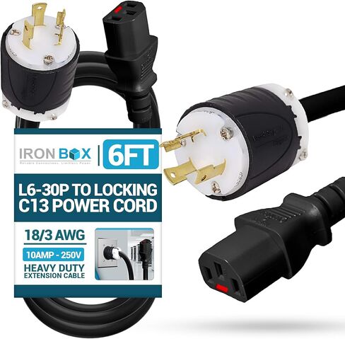IronBox Electric - L6-30P to Locking C13 Power Cord - Rated for 10A, 250V - 18/3 AWG Jacket - Heavy Duty Extension Cable - Ideal for Generators, Servers, Data Centers & Industrial Equipment (6 feet) in Saudi Arabia