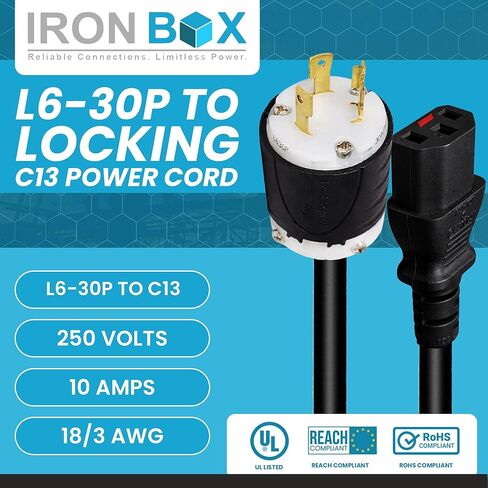IronBox Electric - L6-30P to Locking C13 Power Cord - Rated for 10A, 250V - 18/3 AWG Jacket - Heavy Duty Extension Cable - Ideal for Generators, Servers, Data Centers & Industrial Equipment (6 feet) in Saudi Arabia