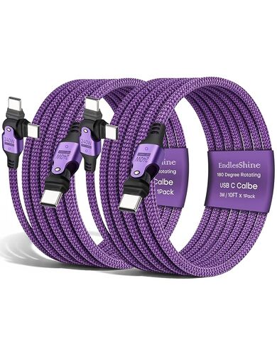 كابل USB من النوع C إلى C دوران 180 درجة PD 240 وات (2 حزمة 10 + 10 قدم) USB2.0 480 ميجابايت في الثانية وكابل نقل البيانات سلك شحن الهاتف لأجهزة النوع C (أرجواني) in Kuwait