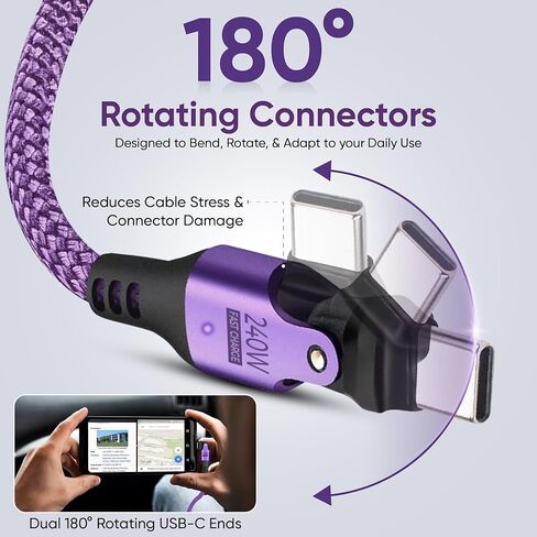 كابل USB من النوع C إلى C دوران 180 درجة PD 240 وات (2 حزمة 10 + 10 قدم) USB2.0 480 ميجابايت في الثانية وكابل نقل البيانات سلك شحن الهاتف لأجهزة النوع C (أرجواني) in Kuwait