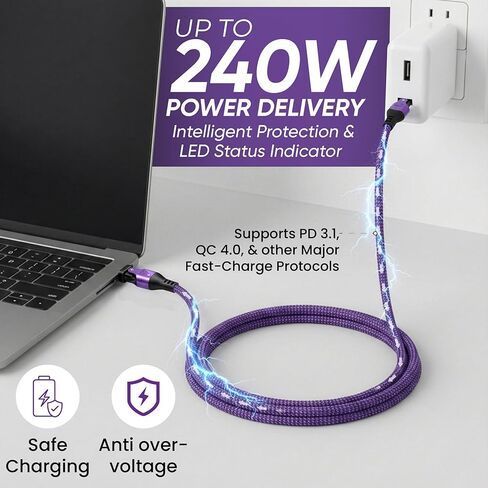 كابل USB من النوع C إلى C دوران 180 درجة PD 240 وات (2 حزمة 10 + 10 قدم) USB2.0 480 ميجابايت في الثانية وكابل نقل البيانات سلك شحن الهاتف لأجهزة النوع C (أرجواني) in Kuwait