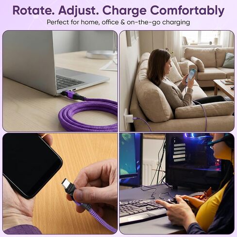 كابل USB من النوع C إلى C دوران 180 درجة PD 240 وات (2 حزمة 10 + 10 قدم) USB2.0 480 ميجابايت في الثانية وكابل نقل البيانات سلك شحن الهاتف لأجهزة النوع C (أرجواني) in Kuwait