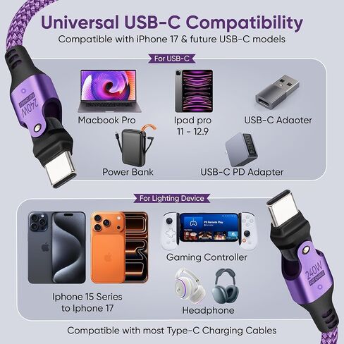 كابل USB من النوع C إلى C دوران 180 درجة PD 240 وات (2 حزمة 10 + 10 قدم) USB2.0 480 ميجابايت في الثانية وكابل نقل البيانات سلك شحن الهاتف لأجهزة النوع C (أرجواني) in Kuwait