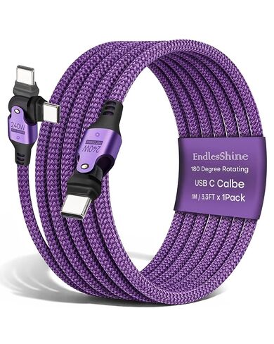 كابل USB من النوع C إلى C دوران 180 درجة PD 240 وات (2 حزمة 10 + 10 قدم) USB2.0 480 ميجابايت في الثانية وكابل نقل البيانات سلك شحن الهاتف لأجهزة النوع C (أرجواني) in Kuwait