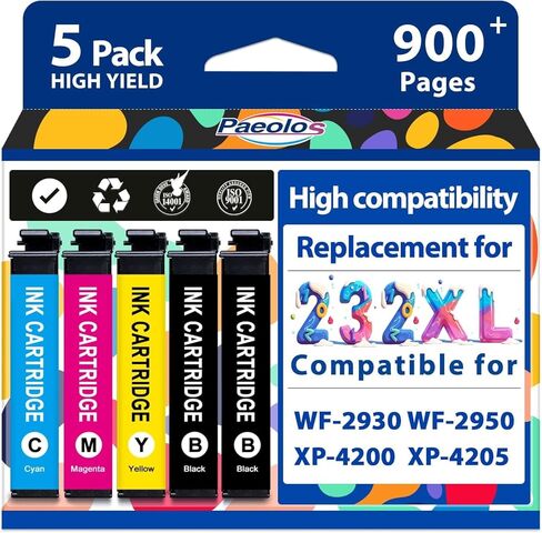 استبدال خرطوشة الحبر المعاد تصنيعها من Paeolos لخراطيش الحبر Epson 232XL كومبو حزمة عالية الإنتاجية T232XL 232 خراطيش حبر لطابعة XP-4200 XP-4205 Workforce WF-2930 WF-2950 (5 عبوات) in Kuwait
