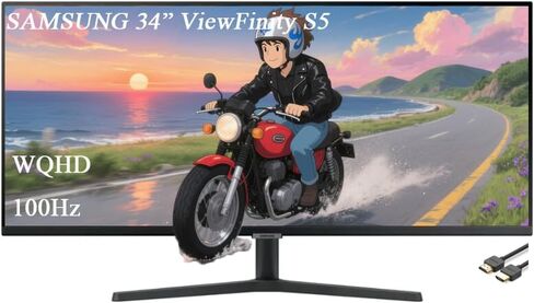 شاشة سامسونج 34 بوصة فيو فينيتي S50GC، WQHD UltraWide، 100 هرتز، 5 مللي ثانية، AMD FreeSync، تصميم بلا حدود، أسود، مع كابل GSF HDMI in Kuwait
