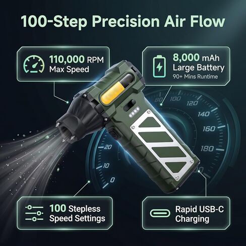 Generic Electric Air Duster, 110000RPM High Speed Blower with 0-100 Sliding Speed Adjustment Type C Fast Charging for Dust Removal Hair Drying Car Cleaning Digital Product Cooling in Kuwait