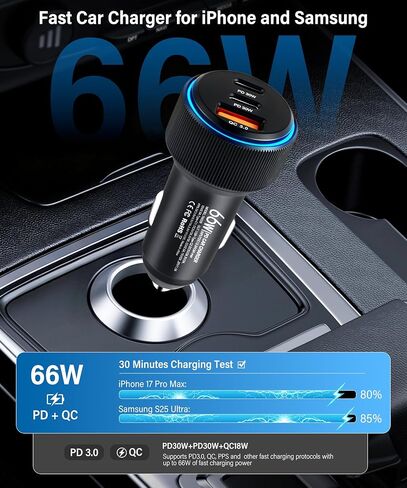 GaRhomxy 66W USB C Car Charger Fast Charging, 3-Port PD PPS/QC3.0 Cigarette Lighter Adapter for iPhone 17/16/15 Pro Max, Samsung S25/S24 Super Fast Charging, iPad, Android etc, Car Phone Accessories in Kuwait