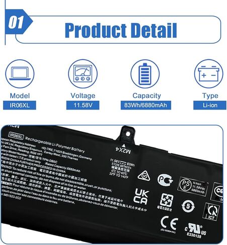 83Wh IR06XL Laptop Battery Replace for HP ZBook Power G7 G9 G10 Mobile Workstation ZBook Power G10 A Mobile Workstation Series IR06083XL M02029-005 TPN-DB0C M01523-2C2 11.58V 6880mAh in Kuwait