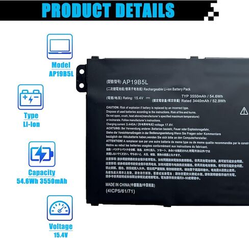 AP19B5L Battery Replacement for Acer Aspire 5 A515-43 A515-43G A515-52 A515-52G Aspire 7 A715-41G A715-41G-R5LR Swift 3 SF314-42 SP314-21N-R5FR TravelMate P2 TMP214-41 P214-41-G2 Vero AV15-51 54.6Wh in Kuwait